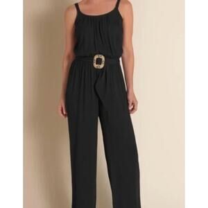 Soft Surroundings St. Lucia Jumpsuit Black Crinkle Gauze Wide Leg Blouson Sz XS